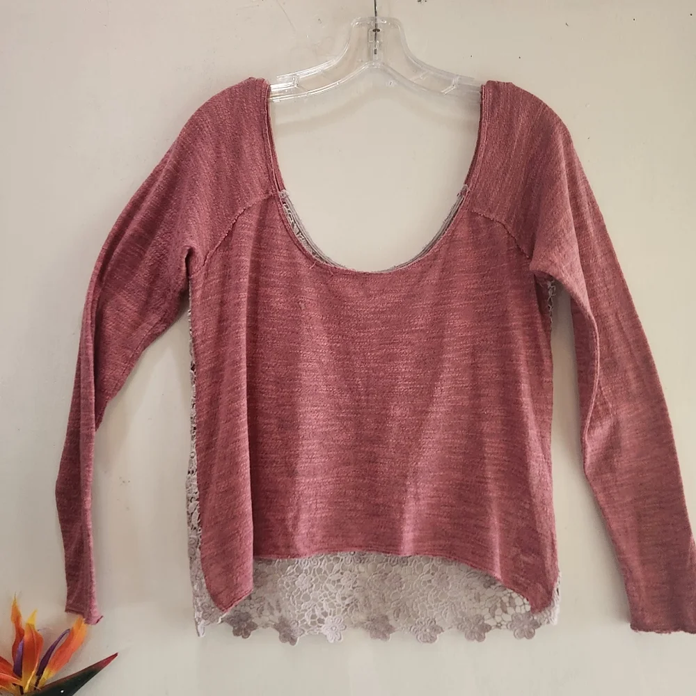 Free People Crochet Daisy Lace Ragland Long Sleeves Scoop Neck Top